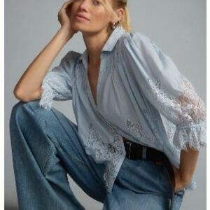 Anthropologie Flowy Light Blue Lace Blouse